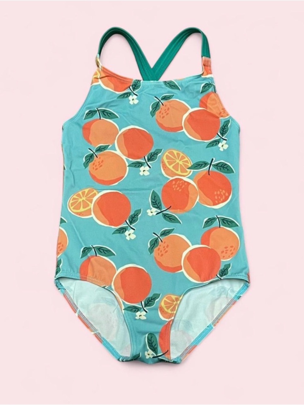 Boden Girls Citrus Print Swimsuit 4-5Y Teal Blue Criss Cross Back Summer Swim